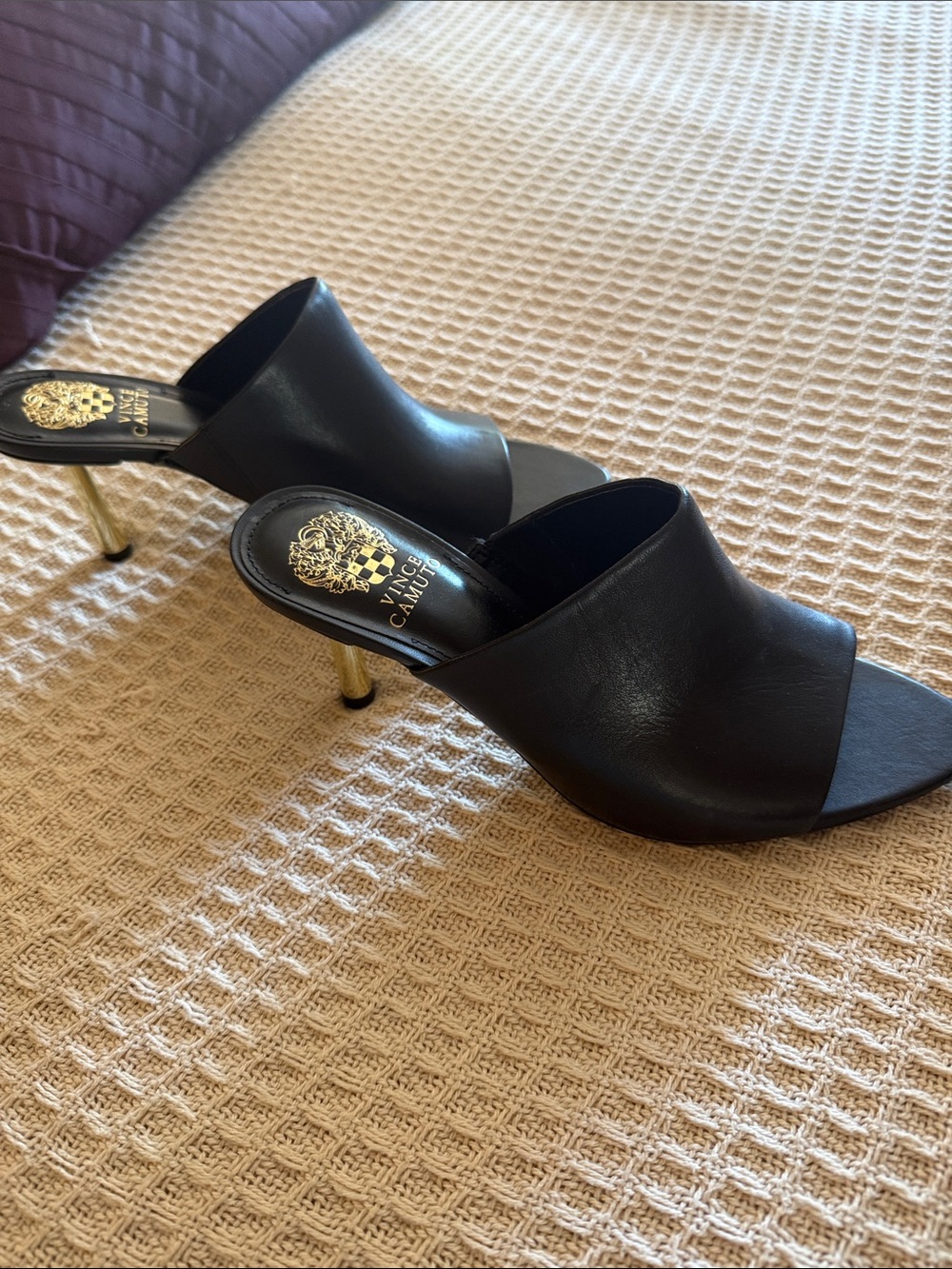 Vince Camuto Black Leather Open-Toe Mules with Gold Heel